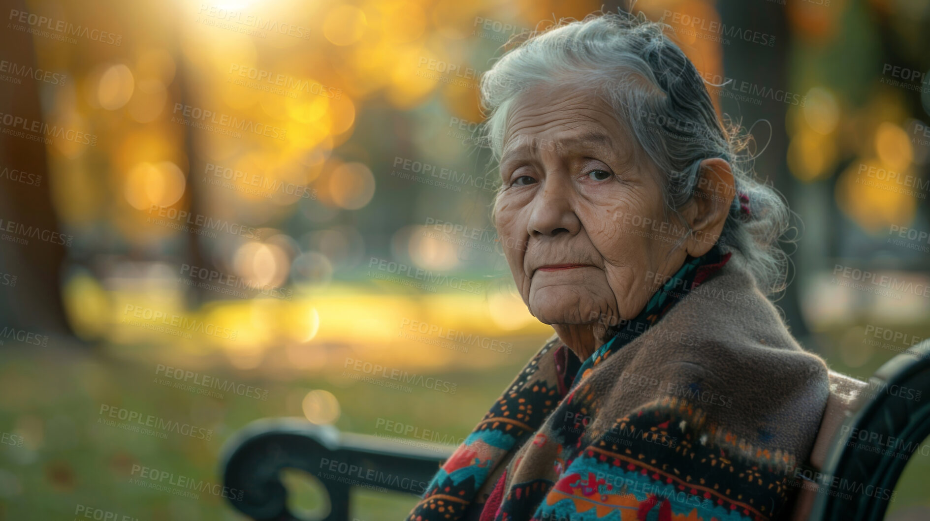 Buy stock photo Portrait, elderly Mexican and woman sitting in park. Senior, female and mental health concept. Sadness, longing and thoughtful for mental health and reminiscing with beautiful blurry background.