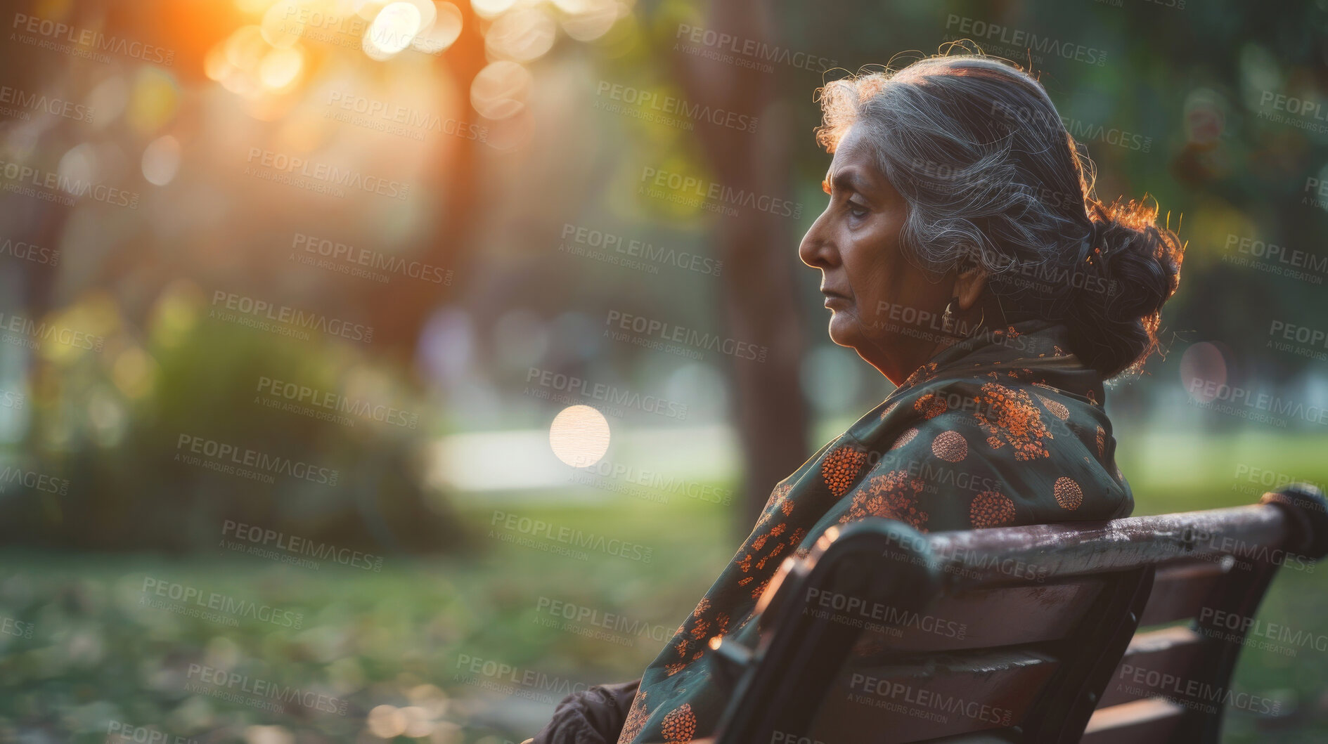 Buy stock photo Thinking, elderly Mexican and woman sitting in park. Senior, female and mental health concept. Sadness, longing and depressed for mental health and reminiscing with beautiful blurry background.