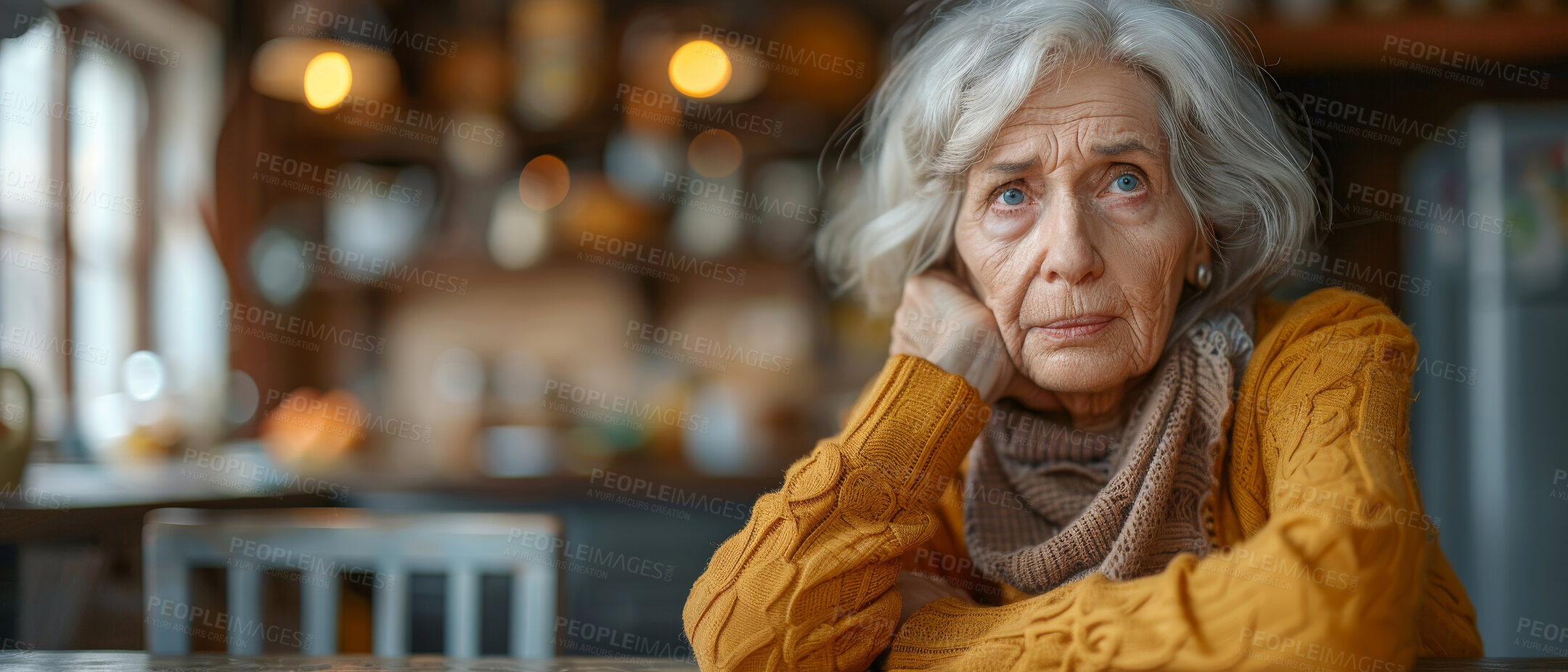 Buy stock photo Portrait, elderly and woman sitting at table. Retirement, senior and mental health concept in the living room. Old, thoughtful and looking. kitchen background for mental health and reminiscing about past