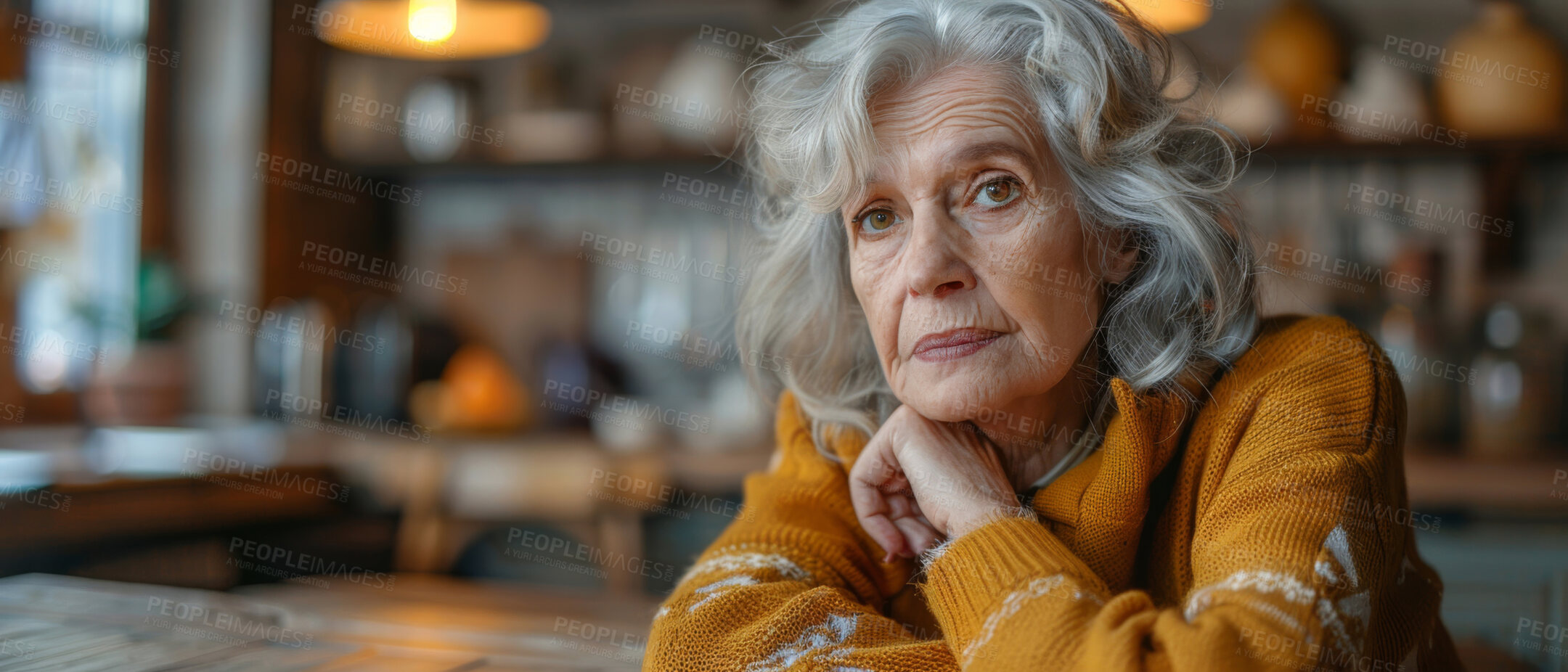 Buy stock photo Portrait, elderly and woman sitting at table. Retirement, senior and mental health concept in the living room. Old, thoughtful and looking. kitchen background for mental health and reminiscing about past