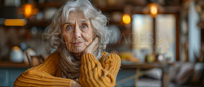 Portrait, elderly and woman sitting at table. Retirement, senior and mental health concept in the living room. Old, thoughtful and looking. kitchen background for mental health and reminiscing about past