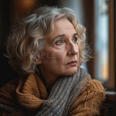 Thoughtful, thinking and senior woman at window in a home for the morning view, idea or calm. Sad, depressed and an elderly person with hope while in a house during retirement and vision for old age.