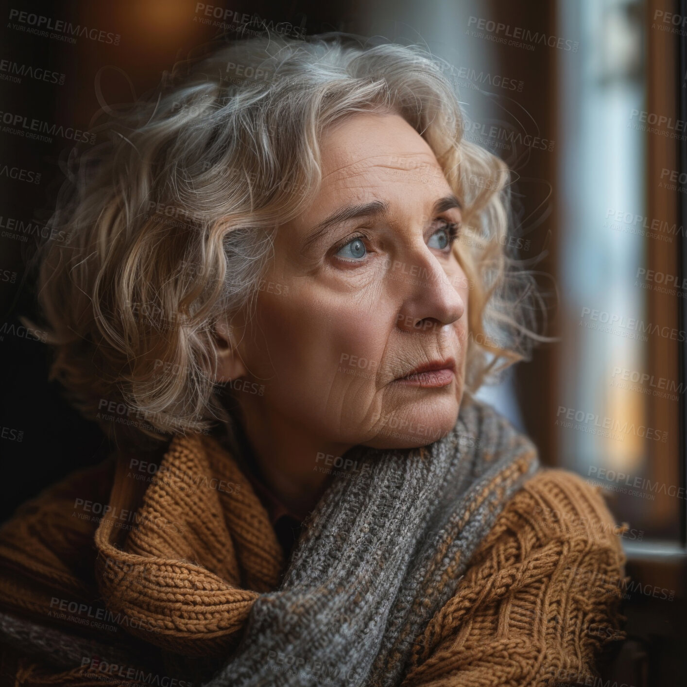 Buy stock photo Thoughtful, thinking and senior woman at window in a home for the morning view, idea or calm. Sad, depressed and an elderly person with hope while in a house during retirement and vision for old age.