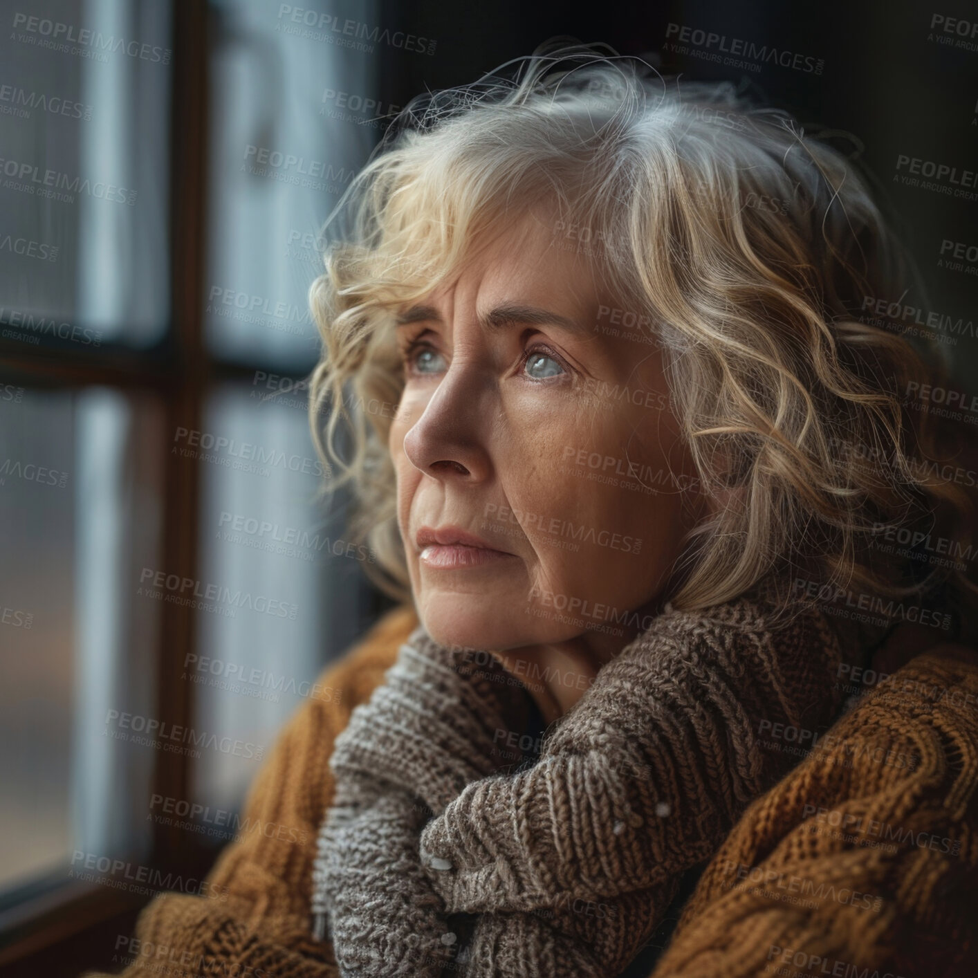 Buy stock photo Sad, thinking and a senior woman at a window in a home for the morning view, idea or calm. Depressed, thoughtful and an elderly person with hope while in a house during retirement and vision for old age