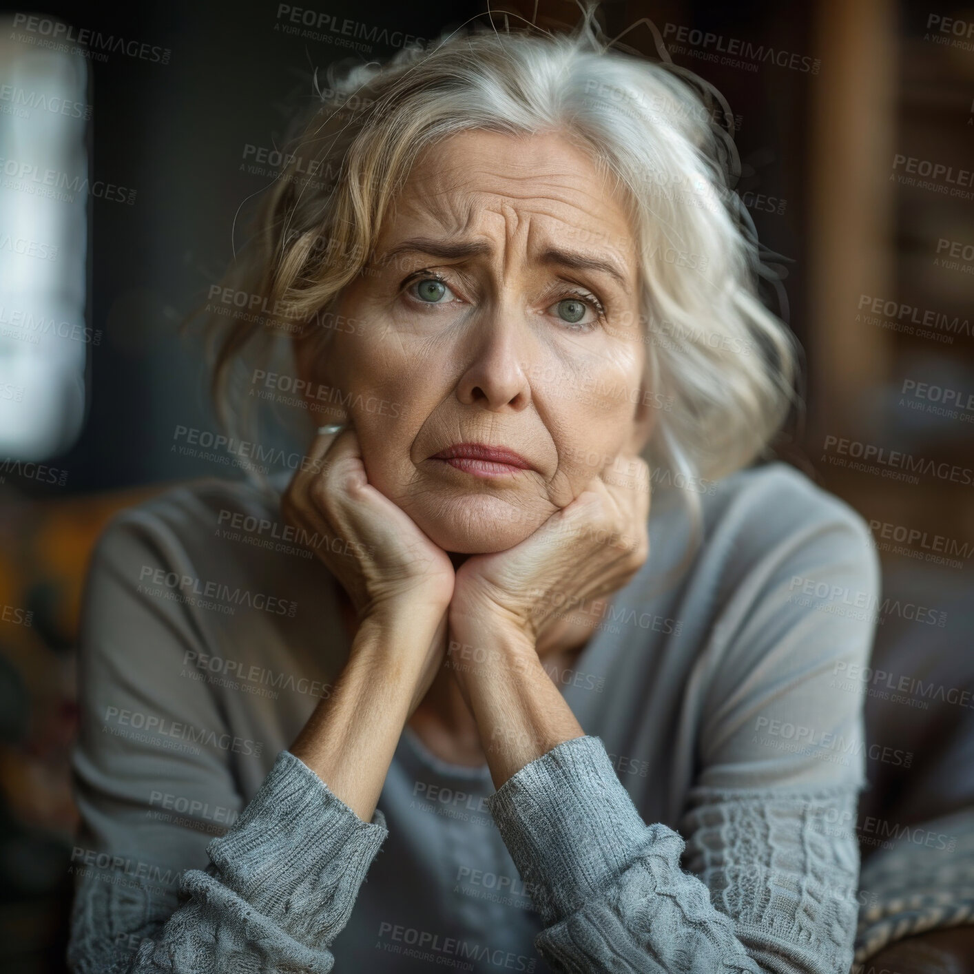 Buy stock photo Depressed, elderly and woman looking sad. Portrait, senior and mental health concept in the living room. Old, depressed and looking. Dark background for mental health and reminiscing about past