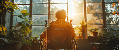 Wheelchair, elderly and senior looking out of window. Woman, female and pensioner in the living room with sunset backdrop. Sadness, longing and depressed for mental health, reminiscing and background.