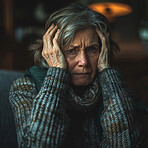 Portrait, mental health and woman looking scared or frustrated. Depression, senior and dark concept. Anxiety, looking and pensioner holding head with dramatic or moody background in elderly home.