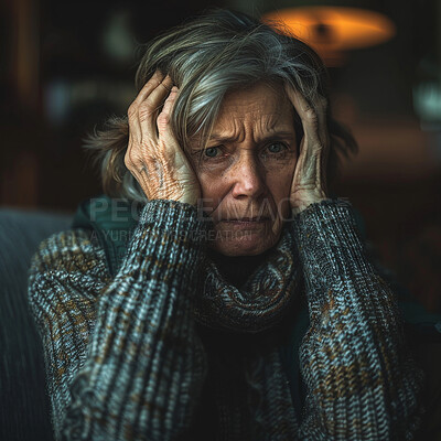 Portrait, mental health and woman looking scared or frustrated. Depression, senior and dark concept. Anxiety, looking and pensioner holding head with dramatic or moody background in elderly home.