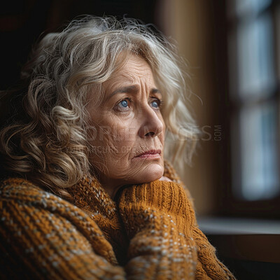 Sad, thinking and senior woman at a window in a home for the morning view, idea or calm. Depressed, thoughtful and an elderly person with hope while in a house during retirement and vision for old age