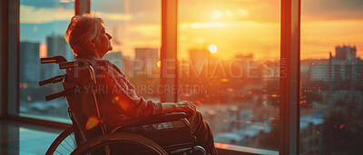 Depressed, elderly and woman sitting in wheelchair. Senior, female and mental health concept in apartment. Sadness, longing and thinking looking at sunset view and reminiscing with city background.
