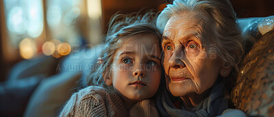 Girl, grandma and sofa for love in bonding time together in home in school holiday. Grandmother, kid and living room care, relationship and time as family connecting on couch in living room