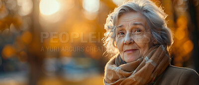 Thoughtful, elderly woman and portrait. Senior, female and pensioner concept in the garden or park. Peaceful, longing and thinking. Background, sunset for retirement and reminiscing about past.