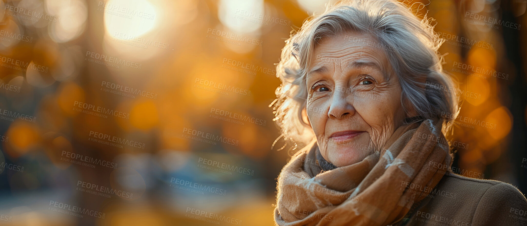 Buy stock photo Thoughtful, elderly woman and portrait. Senior, female and pensioner concept in the garden or park. Peaceful, longing and thinking. Background, sunset for retirement and reminiscing about past.