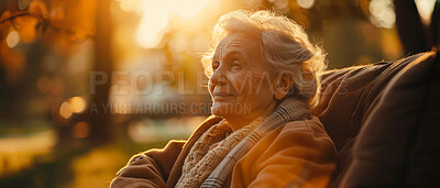 Thoughtful, elderly and woman at home. Senior, female and pensioner concept in the garden or park. Peaceful, longing and thinking. Background, sunset for retirement and reminiscing about past.