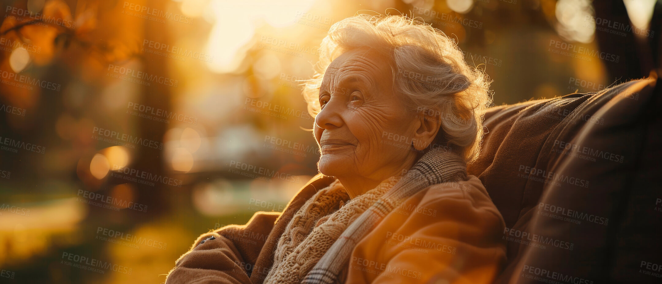 Buy stock photo Thoughtful, elderly and woman at home. Senior, female and pensioner concept in the garden or park. Peaceful, longing and thinking. Background, sunset for retirement and reminiscing about past.