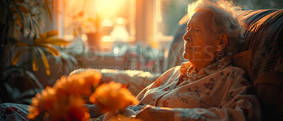 Thoughtful, elderly and woman at home. Senior, female and mental health concept in the living room. Sadness, longing and depressed. Background, sunset for retirement and thinking about past time