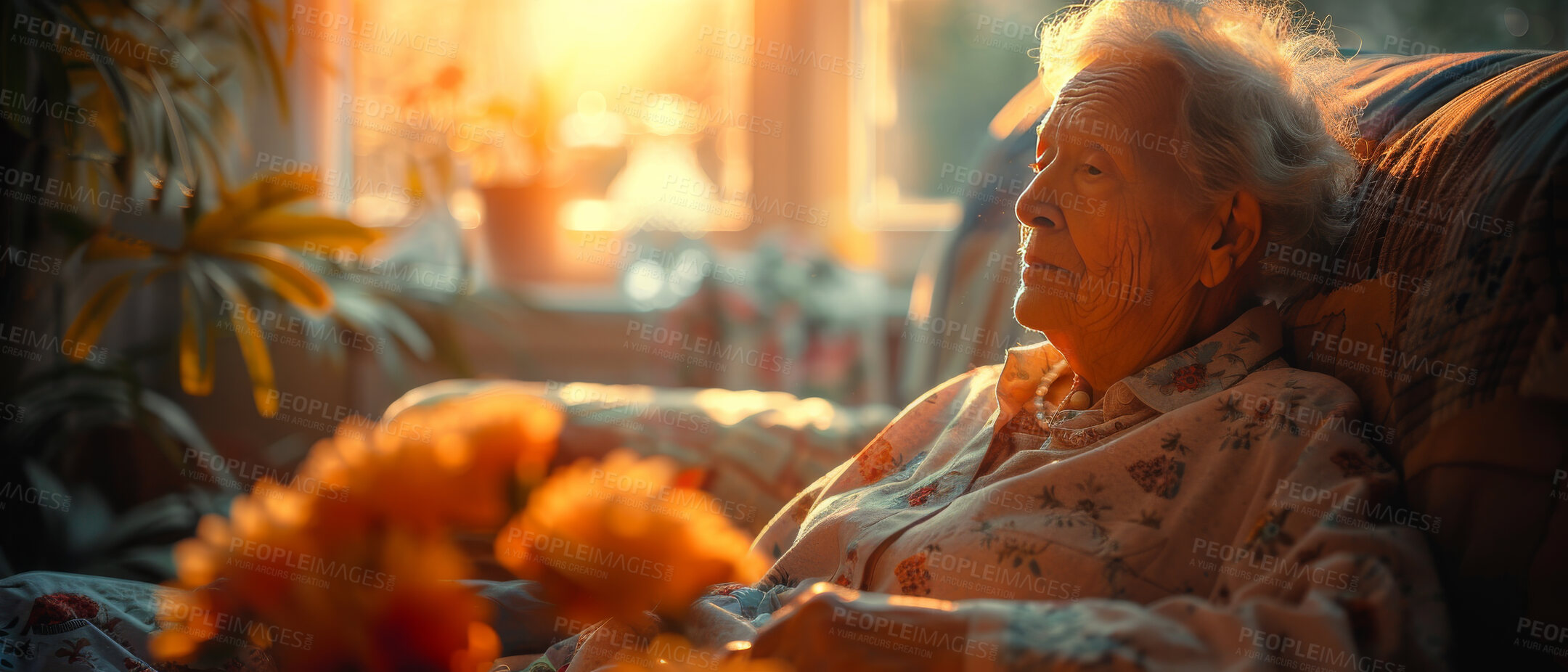 Buy stock photo Thoughtful, elderly and woman at home. Senior, female and mental health concept in the living room. Sadness, longing and depressed. Background, sunset for retirement and thinking about past time