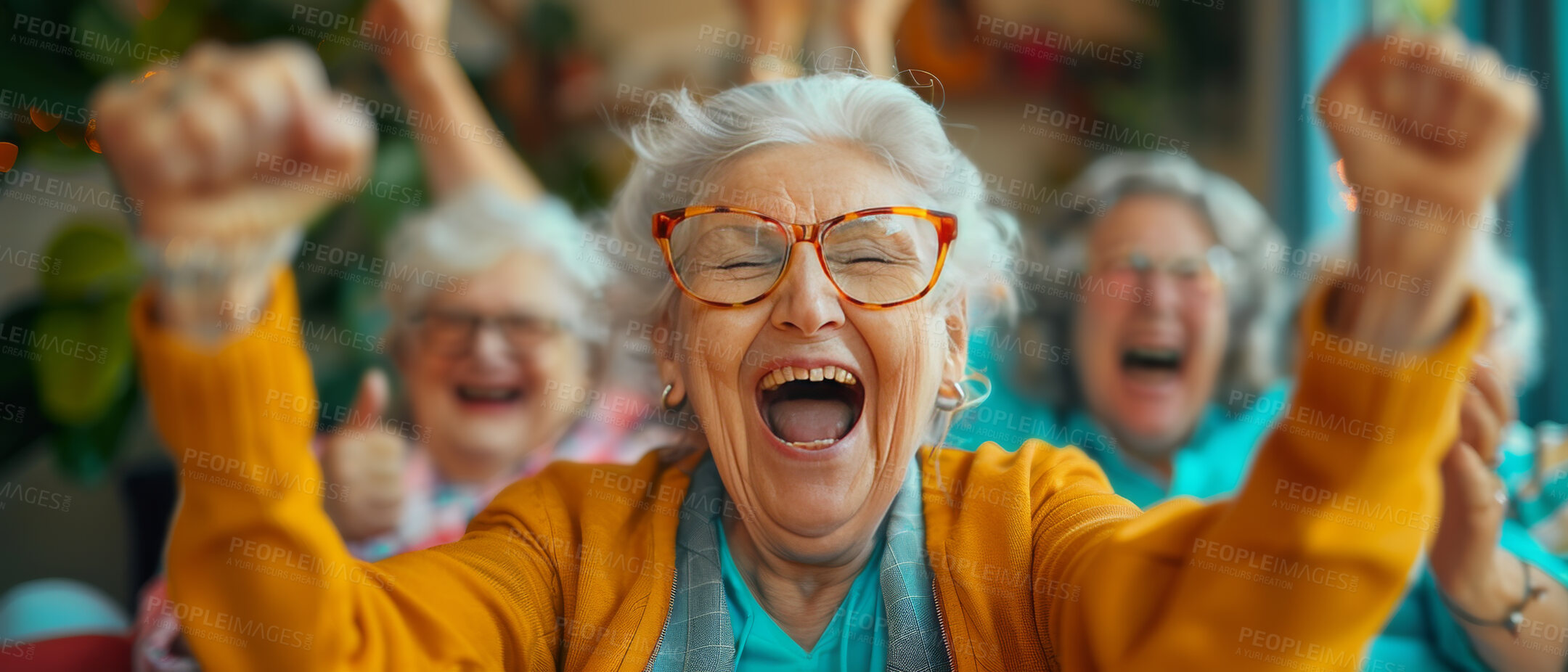 Buy stock photo Laughing, women and elderly friends on a couch celebrating together in the living room of a home. Happiness, bonding and senior females in retirement connecting and talking in the lounge of a house