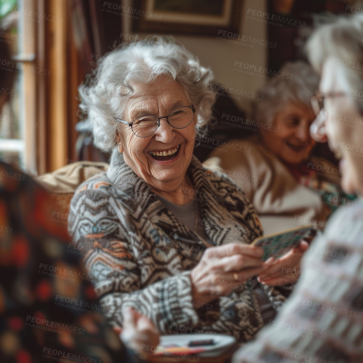 Buy stock photo Laughing, women and elderly friends on a couch playing games together in the living room of a home. Happiness, bonding and senior females in retirement connecting and talking in the lounge of a house