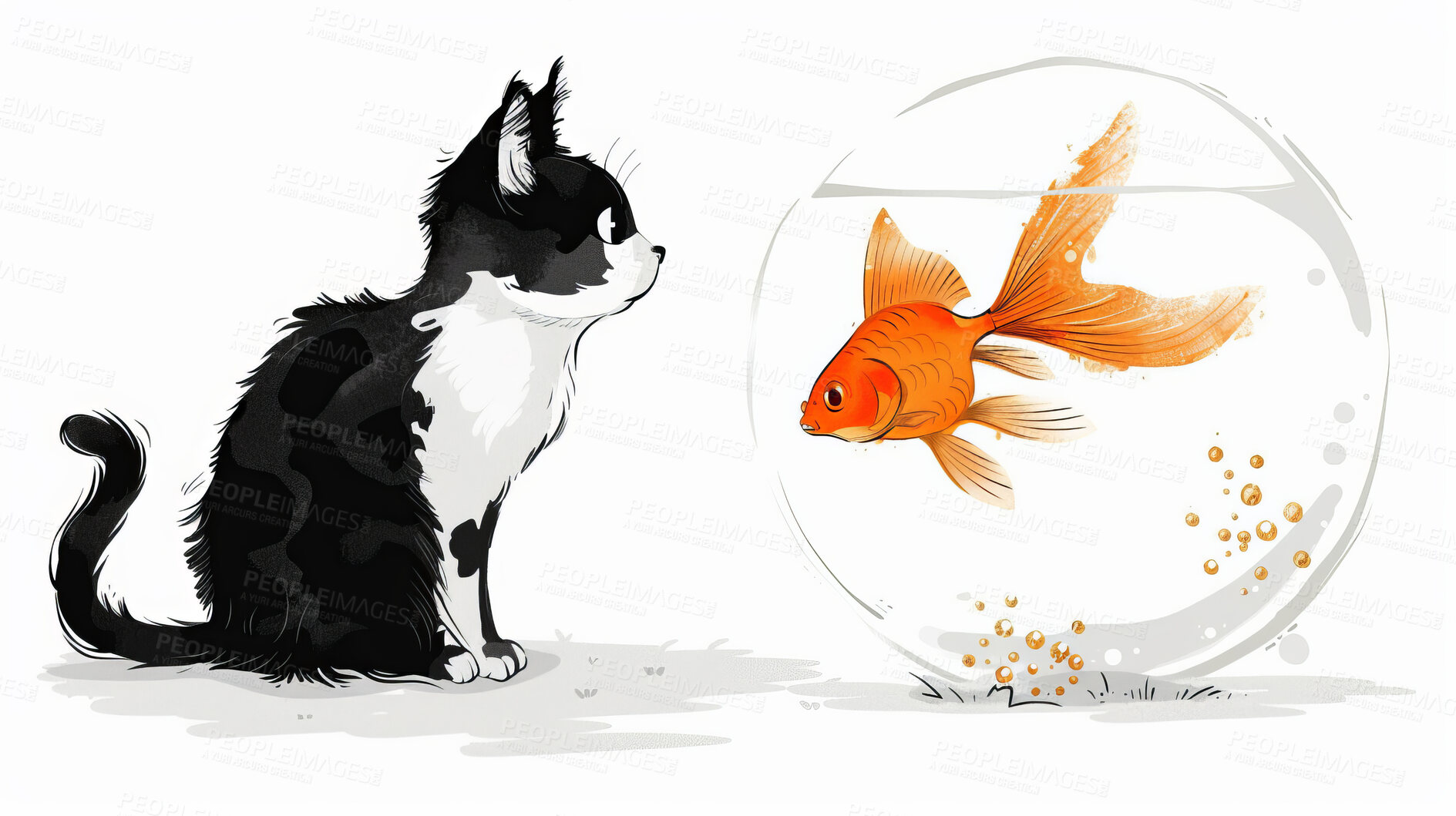 Buy stock photo Adorable cat, fish and illustration for sweetness. Cute depictions of cats and fish, adding charm and warmth to décor. Enhance spaces with sweet illustrations.