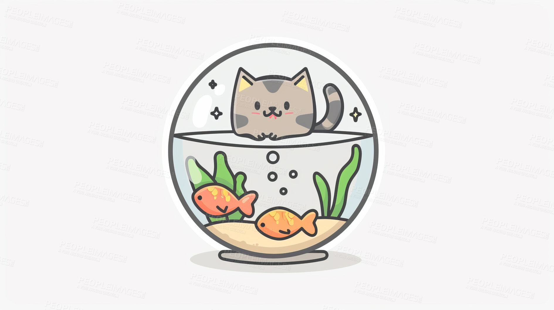 Buy stock photo Adorable cat, fish and illustration for sweetness. Cute depictions of cats and fish, adding charm and warmth to décor. Enhance spaces with sweet illustrations.