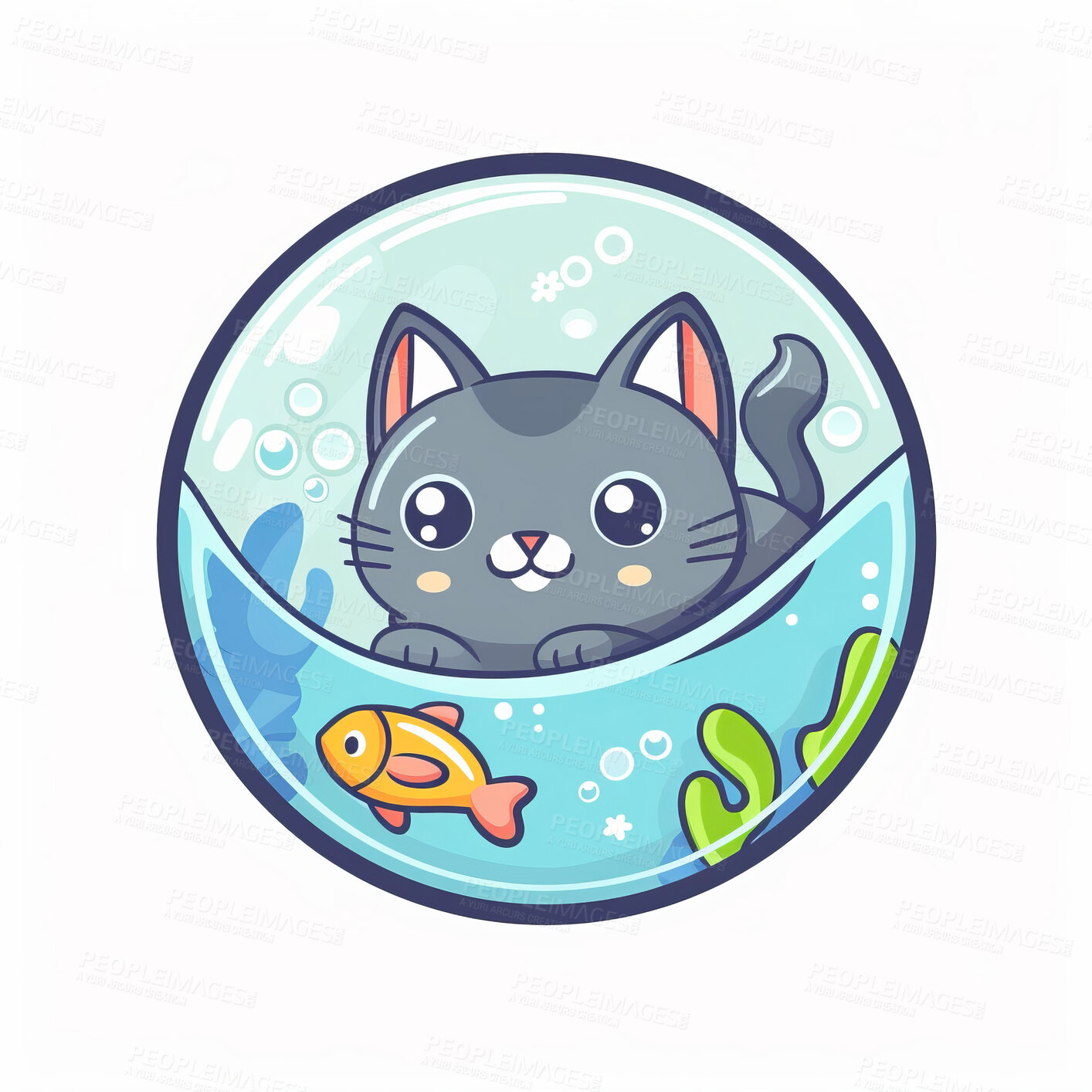 Buy stock photo Adorable cat, fish and illustration for sweetness. Cute depictions of cats and fish, adding charm and warmth to décor. Enhance spaces with sweet illustrations.