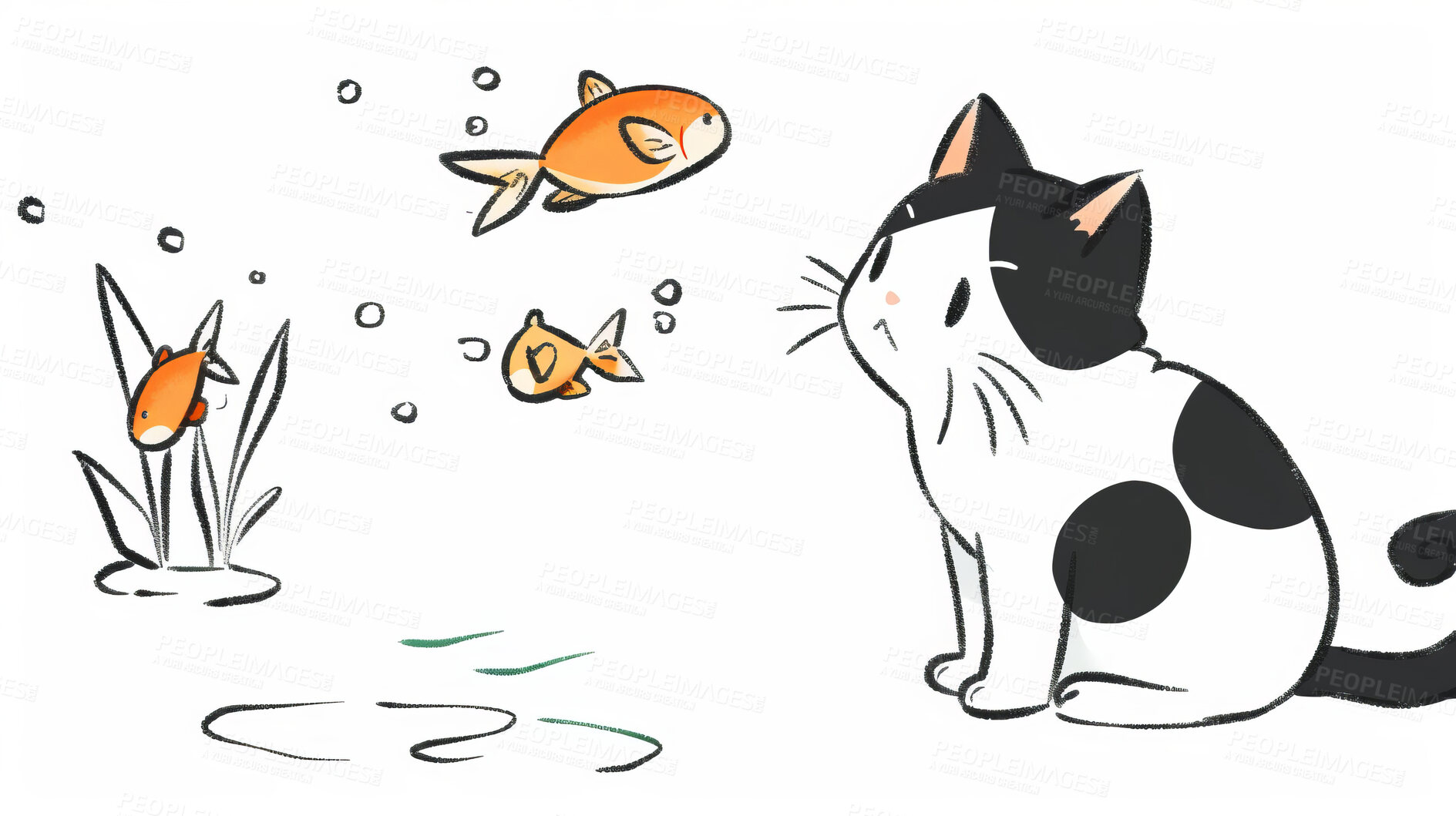 Buy stock photo Adorable cat, fish and illustration for sweetness. Cute depictions of cats and fish, adding charm and warmth to décor. Enhance spaces with sweet illustrations.