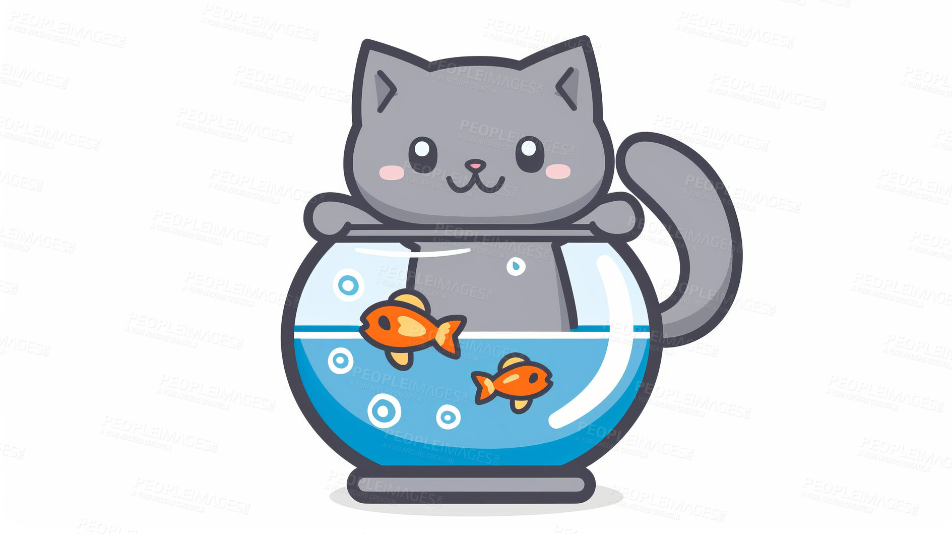 Buy stock photo Adorable cat, fish and illustration for sweetness. Cute depictions of cats and fish, adding charm and warmth to décor. Enhance spaces with sweet illustrations.