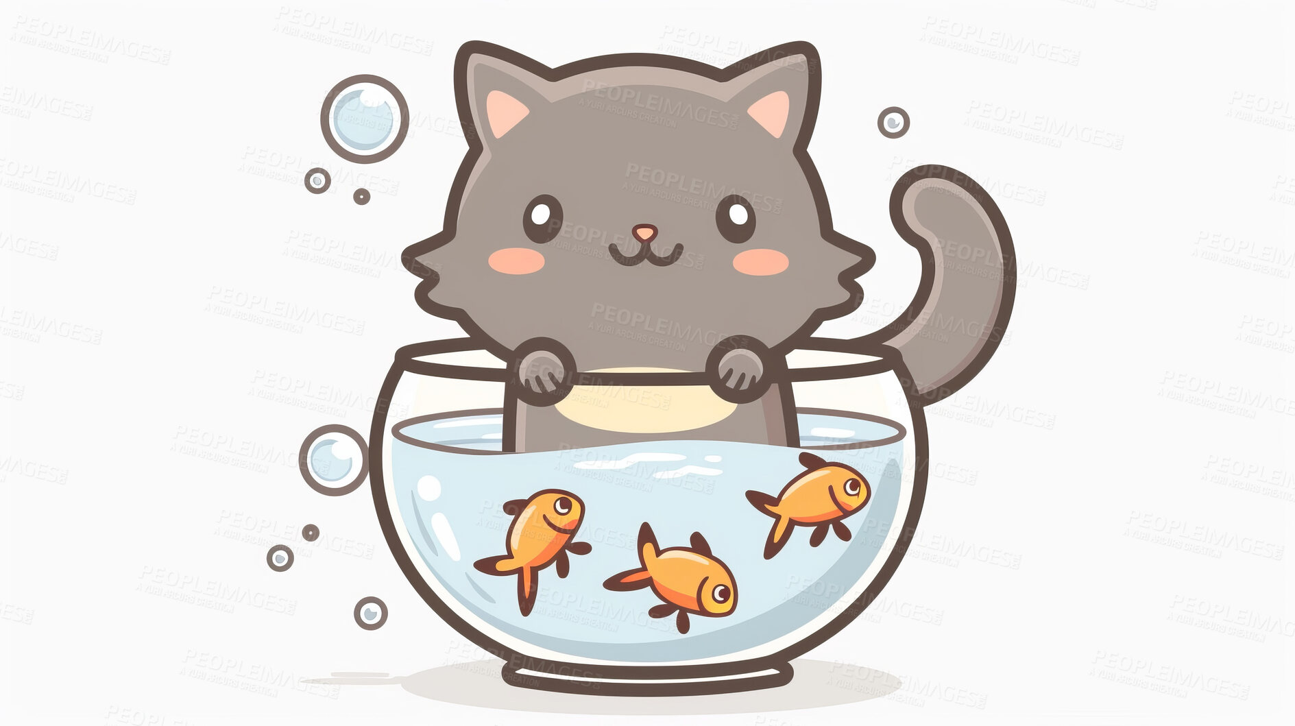 Buy stock photo Adorable cat, fish and illustration for sweetness. Cute depictions of cats and fish, adding charm and warmth to décor. Enhance spaces with sweet illustrations.