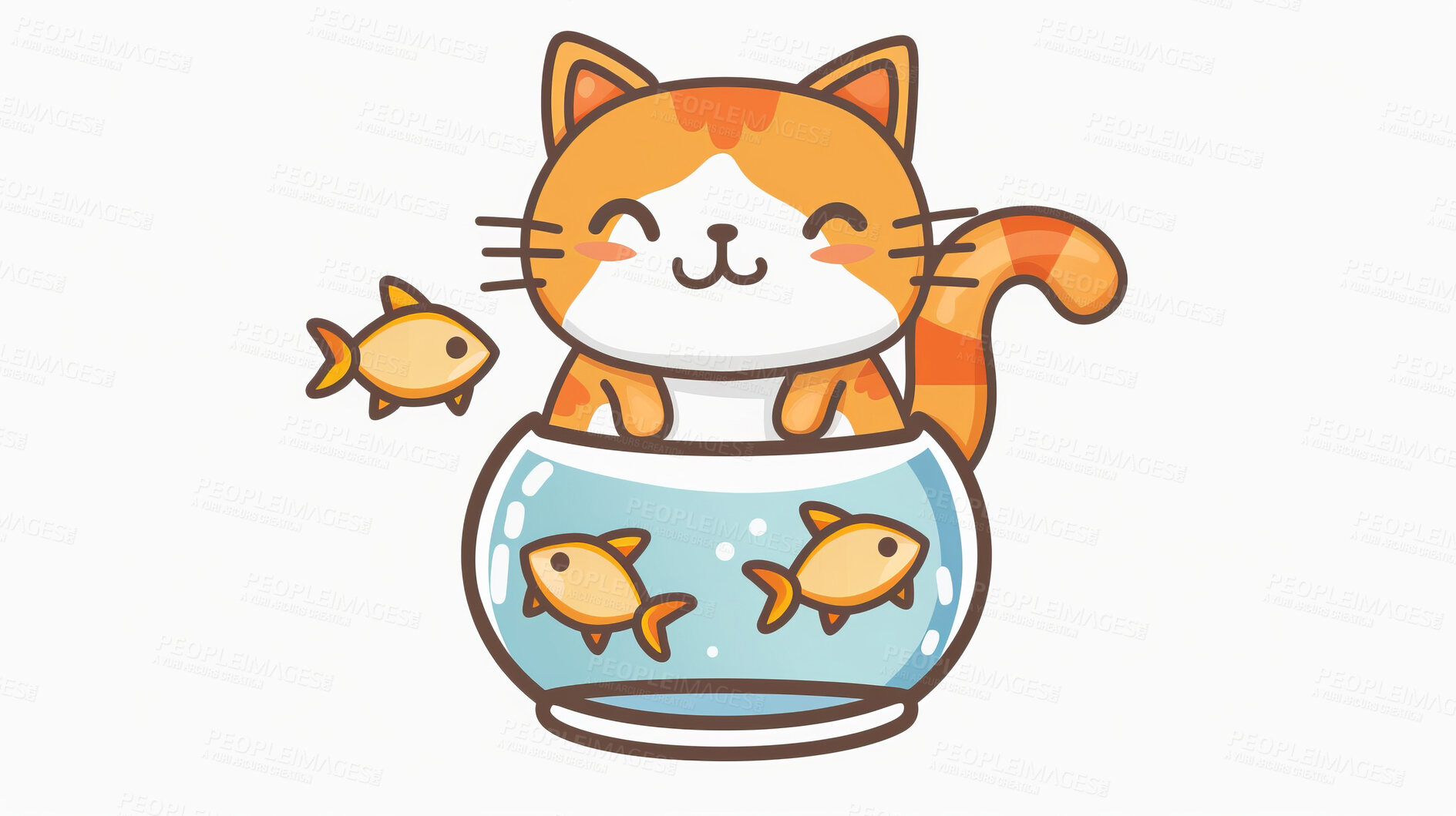 Buy stock photo Adorable cat, fish and illustration for sweetness. Cute depictions of cats and fish, adding charm and warmth to décor. Enhance spaces with sweet illustrations.