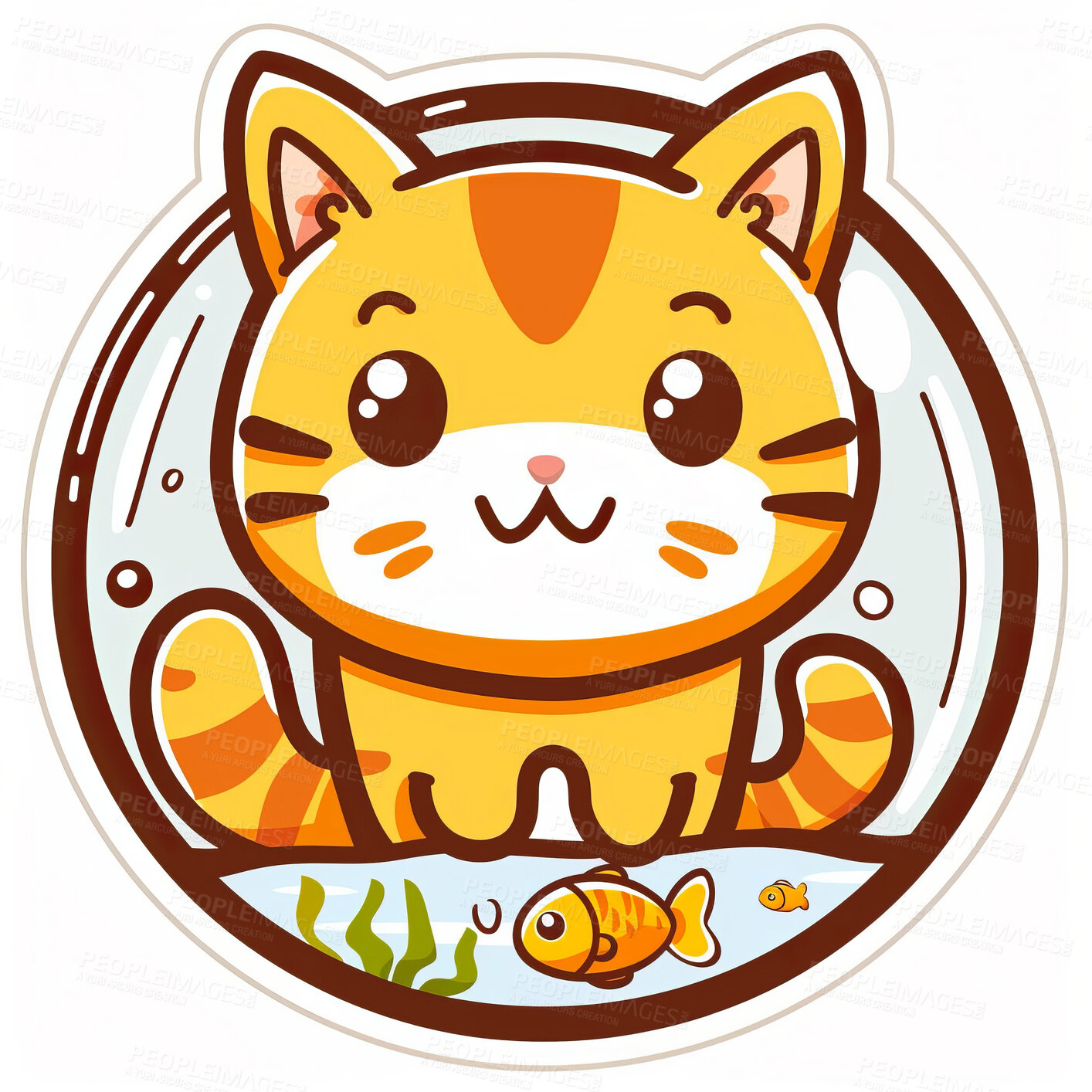 Buy stock photo Adorable cat, fish and illustration for sweetness. Cute depictions of cats and fish, adding charm and warmth to décor. Enhance spaces with sweet illustrations.