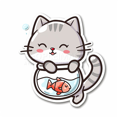 Buy stock photo Adorable cat, fish and illustration for sweetness. Cute depictions of cats and fish, adding charm and warmth to décor. Enhance spaces with sweet illustrations.