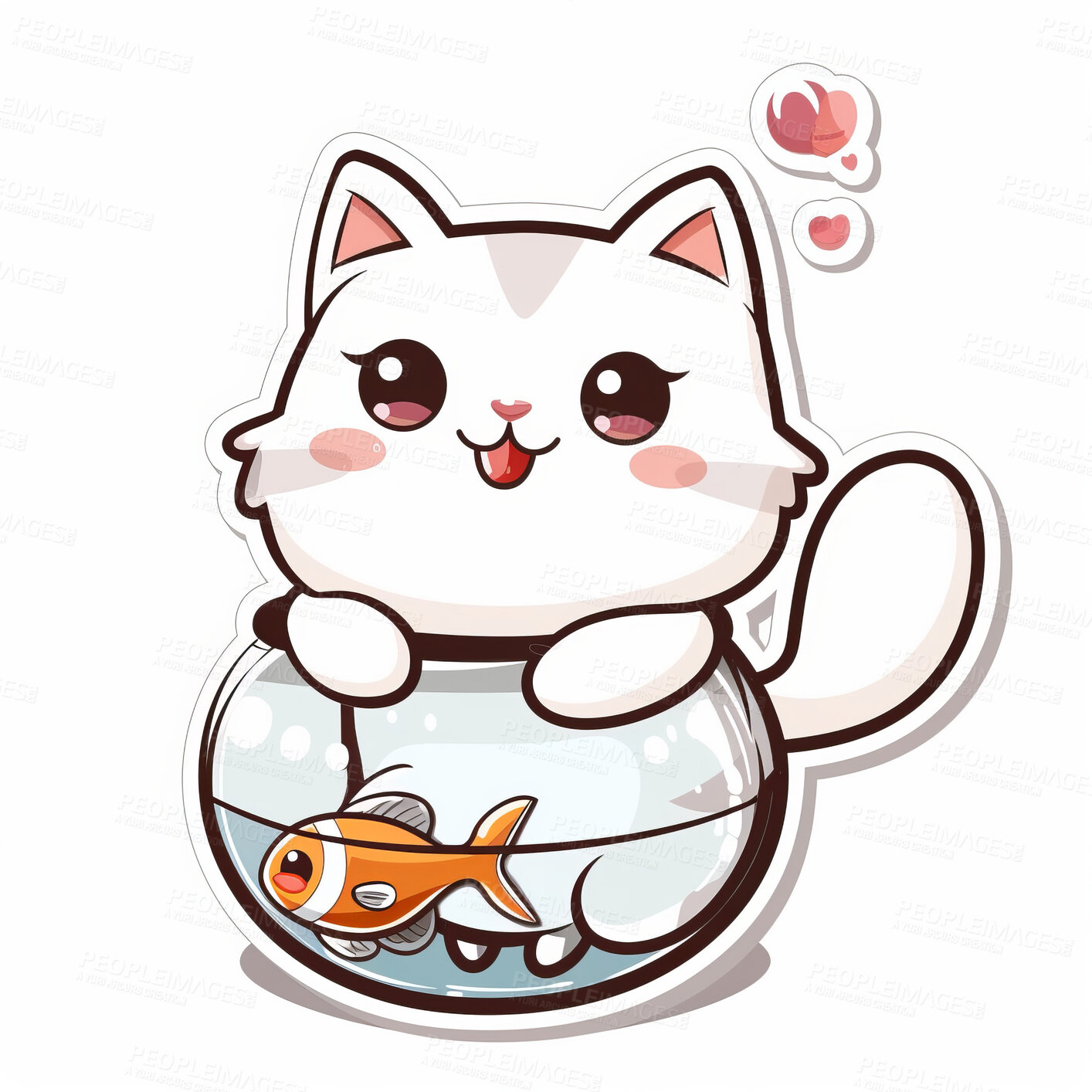 Buy stock photo Adorable cat, fish and illustration for sweetness. Cute depictions of cats and fish, adding charm and warmth to décor. Enhance spaces with sweet illustrations.