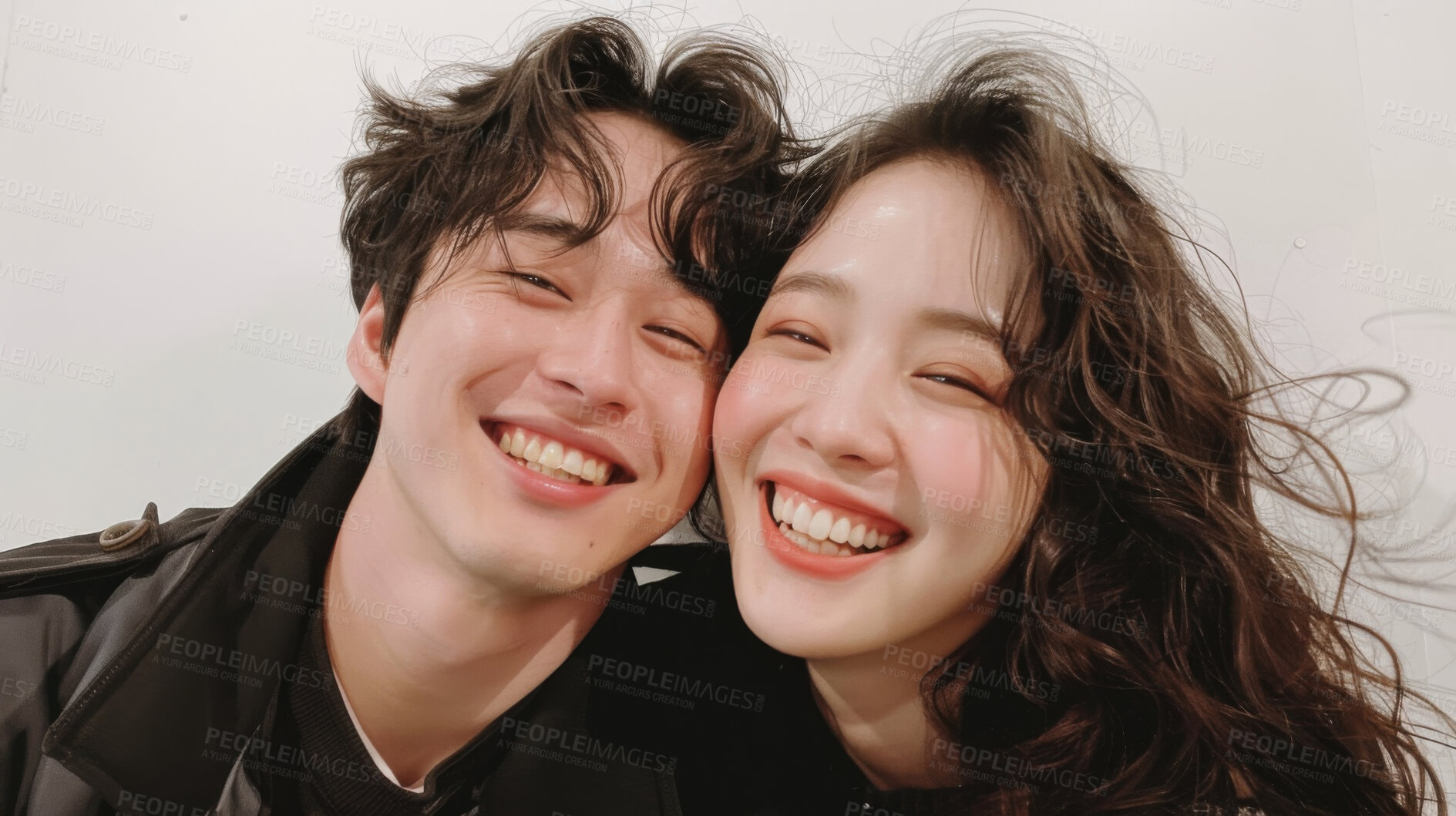 Buy stock photo Asian couple selfie portrait in home lounge for love, care and relaxing day together. Faces of smile man, happy woman and loving people enjoying video call, quality time and close marriage bond.