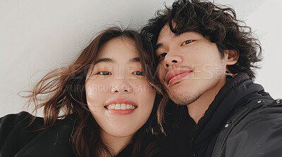 Asian couple selfie portrait in home lounge for love, care and relaxing day together. Faces of smile man, happy woman and loving people enjoying video call, quality time and close marriage bond.
