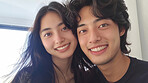 Asian couple selfie portrait in home lounge for love, care and relaxing day together. Faces of smile man, happy woman and loving people enjoying video call, quality time and close marriage bond.