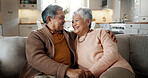 Senior couple, face and hug on couch, smile and bonding with love, support and relax in retirement in home. Elderly woman, old man and portrait with embrace, together and sitting on living room sofa