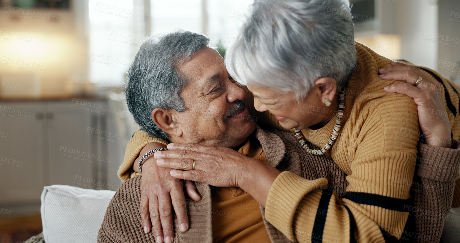 Buy stock photo Home, hug and senior couple with love, marriage and retirement with support, bonding and care. Romance, old man and elderly woman embrace, apartment and relationship with trust, romantic and relax