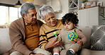 Grandparents, grandchild and home with toy, playing and spending quality time together, bonding and teaching. Happy family, playful and joy with child development, retirement and love babysitting