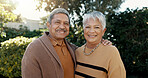 Smile, love and face of senior couple in garden hugging for bonding, romance or date in nature. Happy, portrait and elderly woman and man in retirement from Mexico standing in outdoor garden together