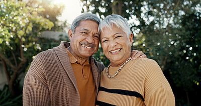 Smile, love and face of senior couple in garden hugging for bonding, romance or date in nature. Happy, portrait and elderly woman and man in retirement from Mexico standing in outdoor garden together