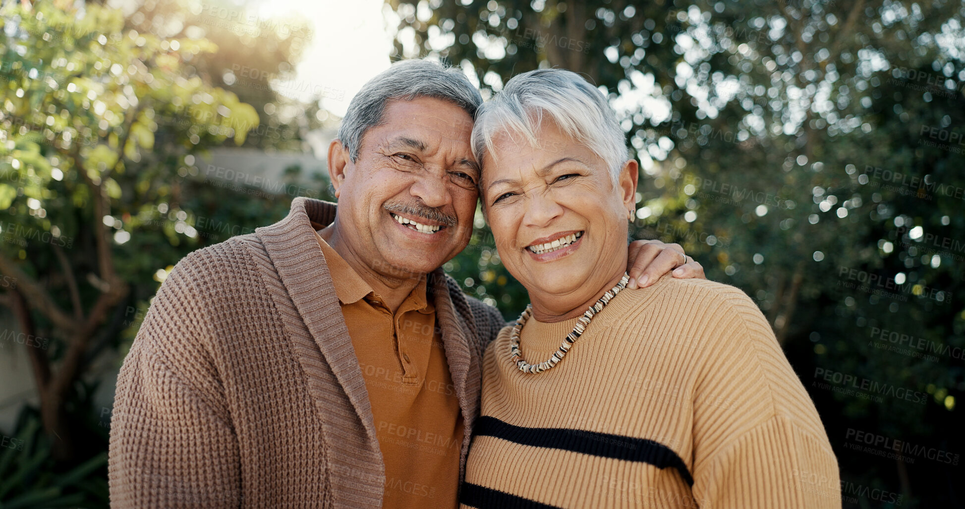 Buy stock photo Smile, love and face of senior couple in garden hugging for bonding, romance or date in nature. Happy, portrait and elderly woman and man in retirement from Mexico standing in outdoor garden together