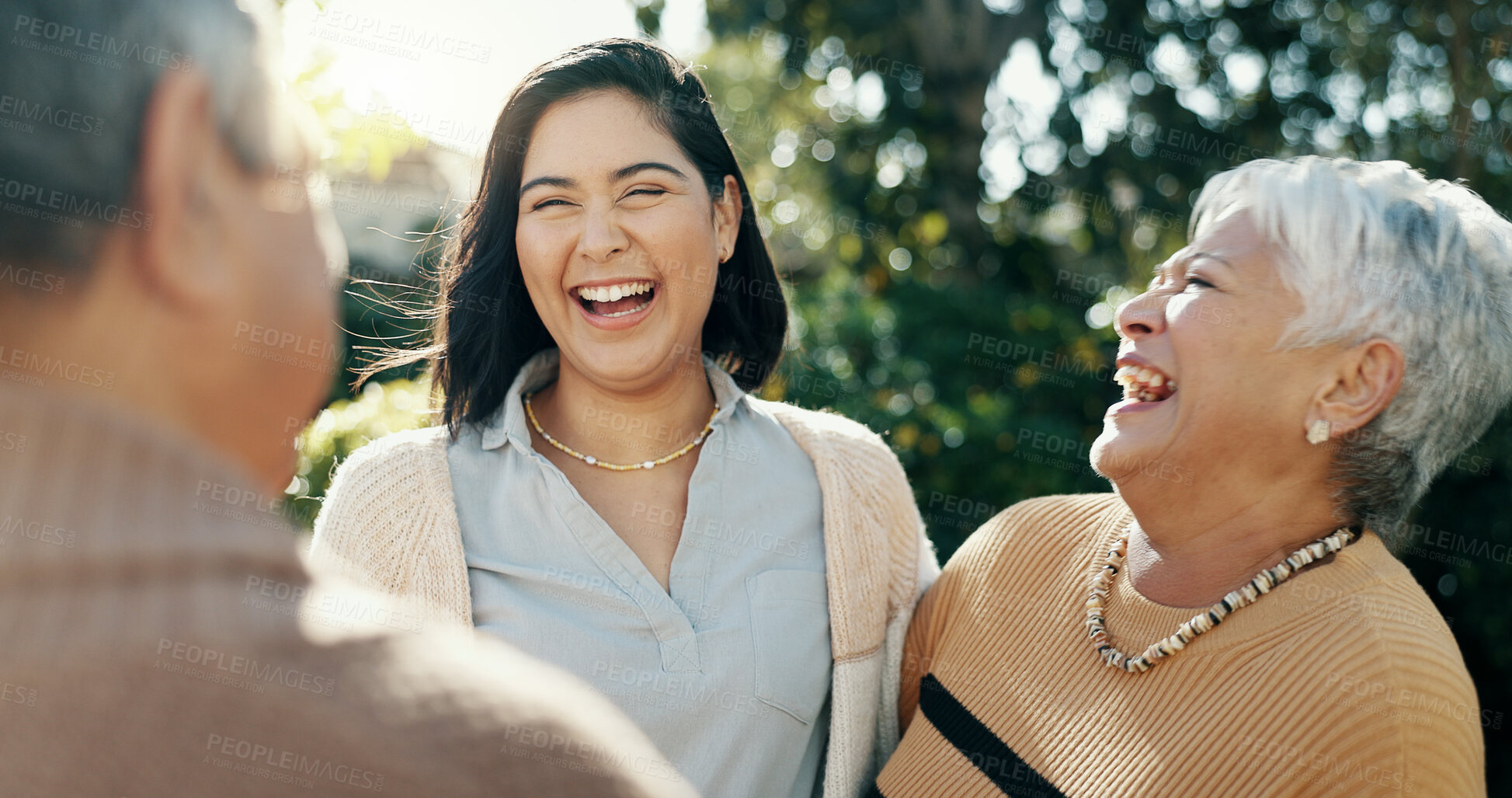 Buy stock photo Woman, laughing or senior parents hug for bonding, support or love in backyard of a family house. Old man, funny or mature mom with a happy daughter in outdoor porch together on holiday vacation