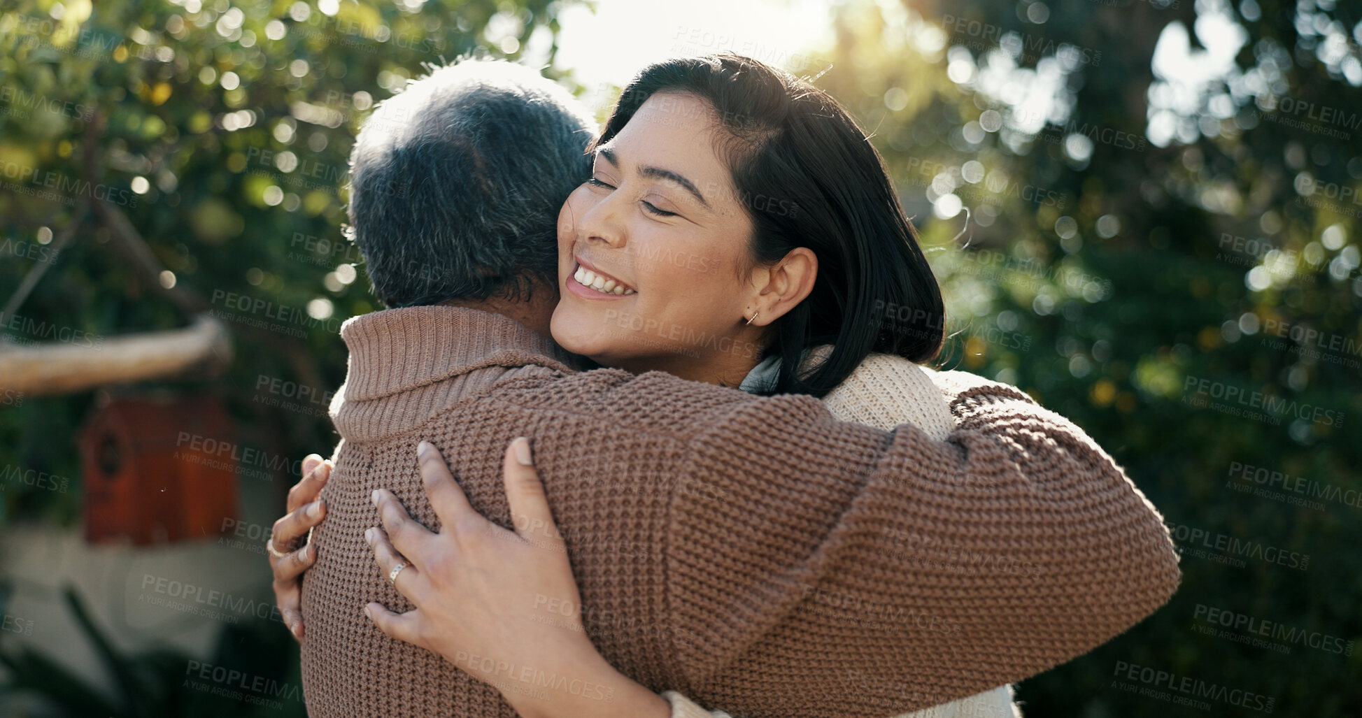 Buy stock photo Woman, nature or senior father hug for bonding, support or love in backyard of a family house. Old man, smile or mature parent with a happy daughter in outdoor porch together on holiday vacation