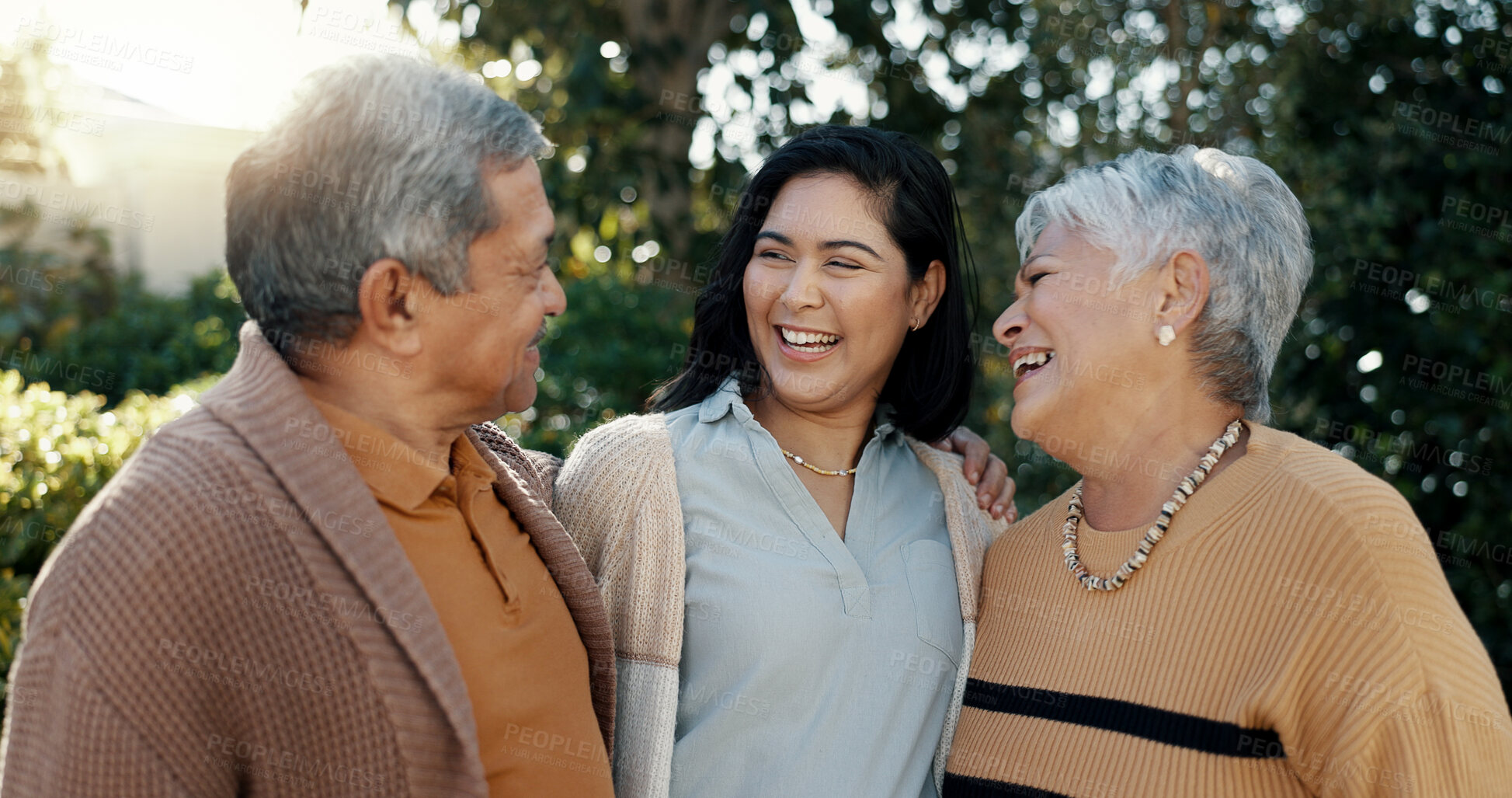 Buy stock photo Woman, laughing or senior parents hug for bonding, support or love in backyard of a family house. Old man, funny or mature mom with a happy daughter in outdoor porch together on holiday vacation