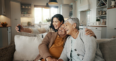 Selfie, living room and woman with senior parents bonding together on a sofa for relaxing at home. Happy, smile and female person taking a picture with elderly people in retirement in the lounge.