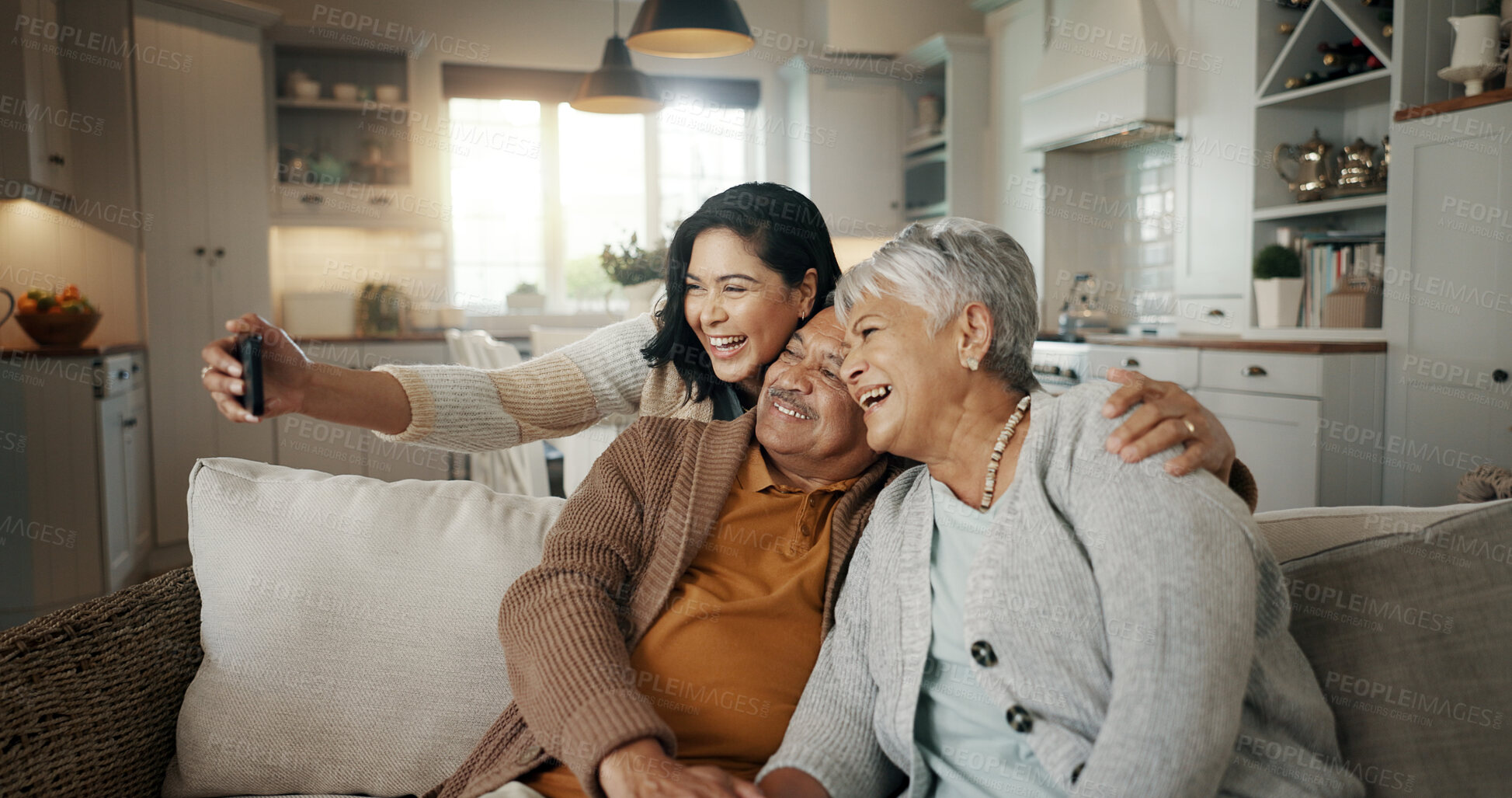 Buy stock photo Selfie, living room and woman with senior parents bonding together on a sofa for relaxing at home. Happy, smile and female person taking a picture with elderly people in retirement in the lounge.