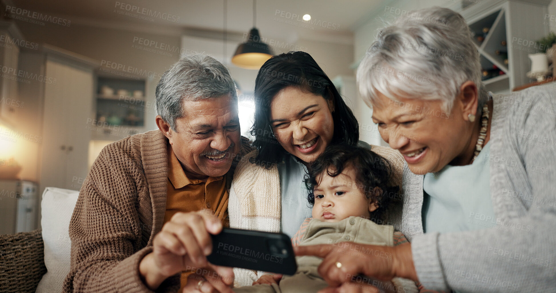 Buy stock photo Selfie, woman and senior parents with child bonding together on a sofa for relaxing at home. Happy, smile and female person taking a picture with elderly people in retirement and baby in the lounge.