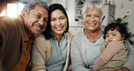 Happy family, love and selfie in a living room relax, bond and laughing in their home. Portrait, smile and baby with mother and grandparents in a lounge together for profile picture, moment or memory