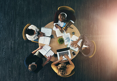 Buy stock photo Top view, business people and teamwork with paperwork, charts and cooperation with reports. Group, employees and brainstorming with collaboration, development for ideas and support with conversation